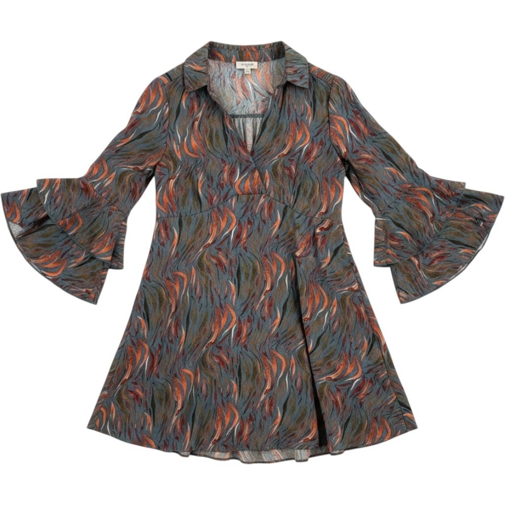 Umgee USA Abstract Print Tiered Ruffle Sleeve Tunic Top Blue Orange Small